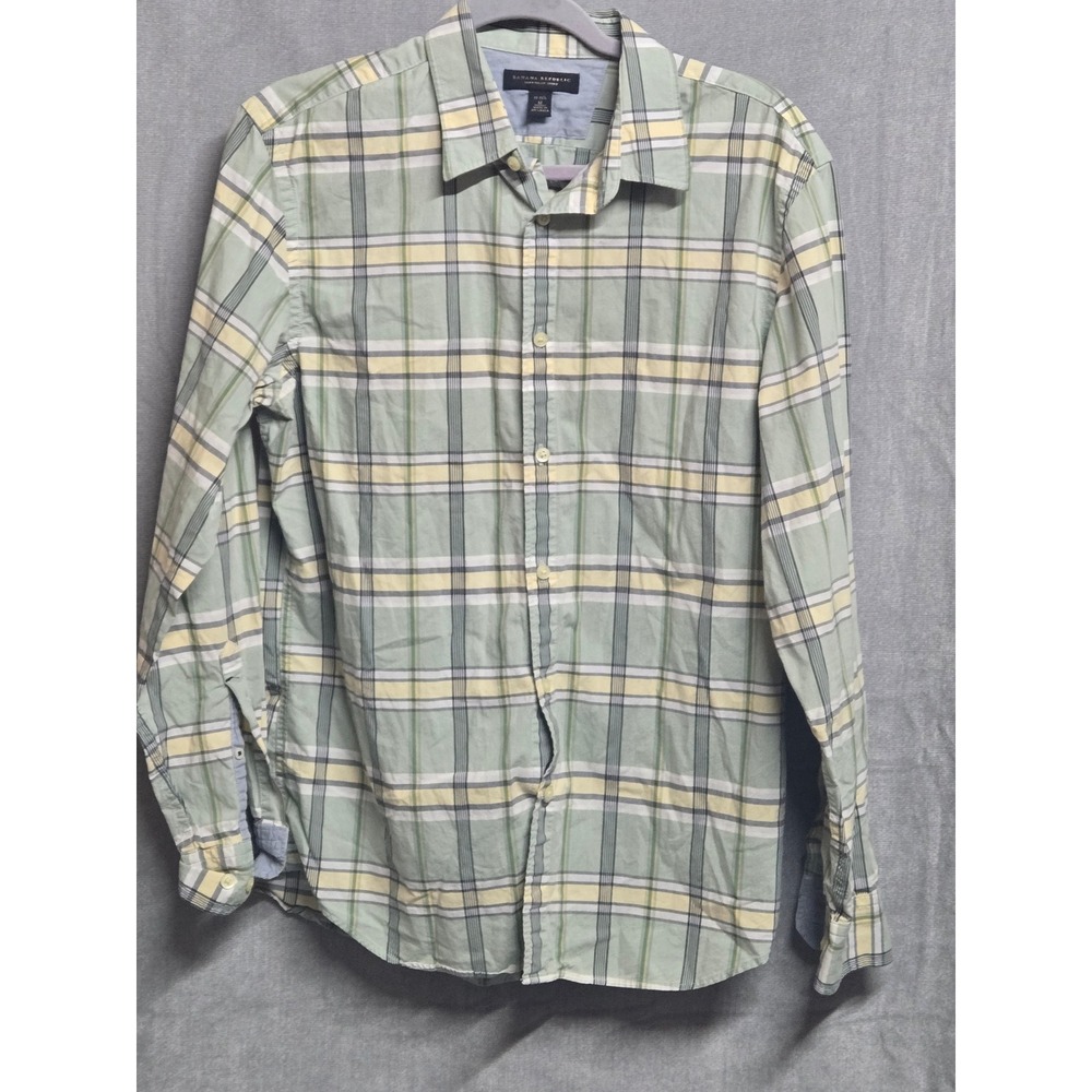 Banana Republic Soft-Wash Shirt Mens Medium Green Yellow Plaid Long Sleeve M